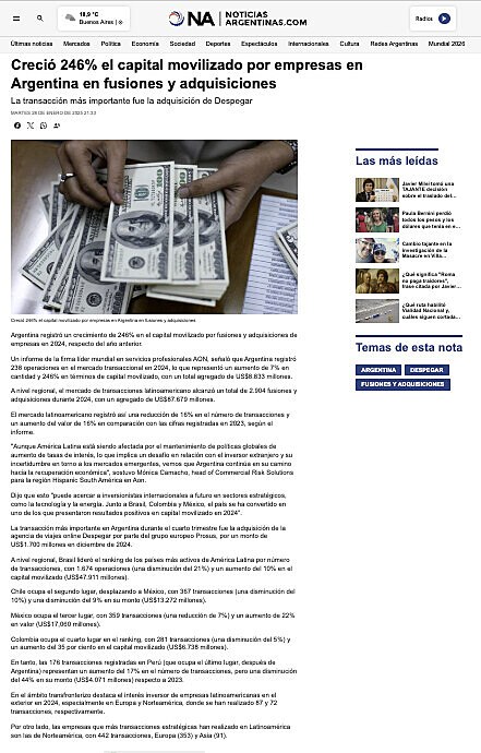 Creci 246% el capital movilizado por empresas en Argentina en fusiones y adquisiciones